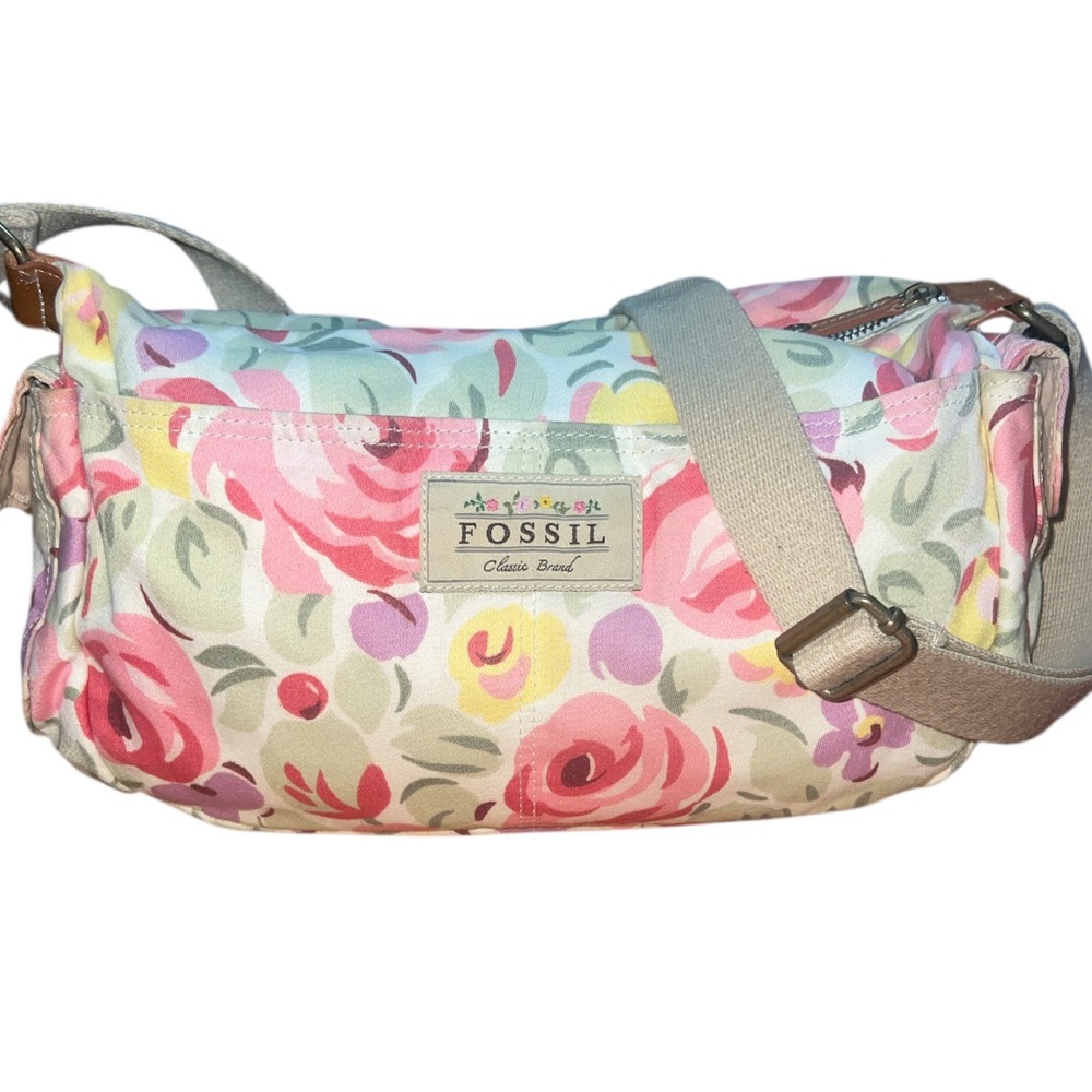 Fossil Pink and Yellow Shoulder Bag with Floral Design